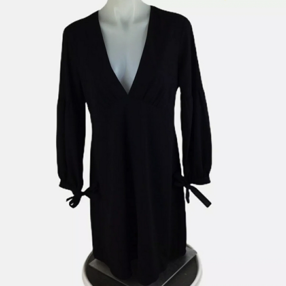 Halston Long Sleeve Deep V Neck Black Dress
